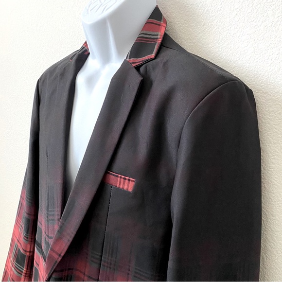 Kuxuan, Men’s Ombré Black and Red Plaid One Button Jacket Coat Blazer - Picture 4 of 6